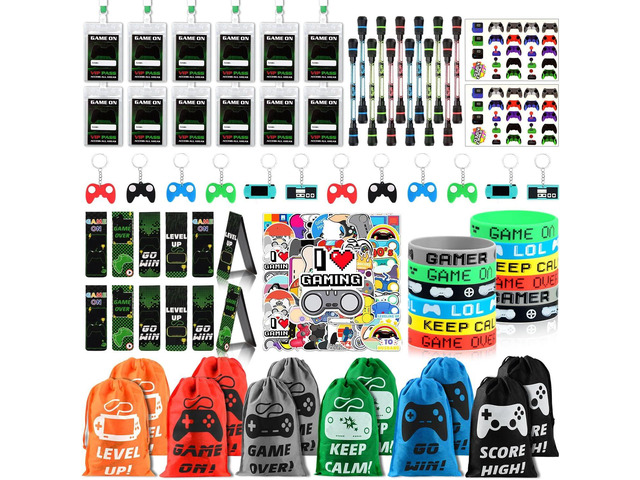 Video Game Party Favors, 124 PCS Gaming Birthday Party Supplies with Drawstring Bags VIP Pass Tickets Silicone Bracelet Keychain Temporary Tattoo...
