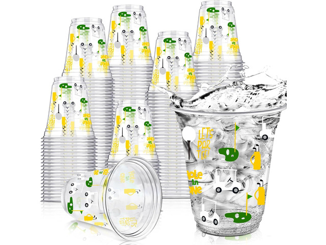 Qinyoung 100 Pcs Golf Party Supplies Bulk Clear Plastic Cups 12oz Disposable Let's Par-tee for Home Sports Golf Ball Themed Birthday Bachelor Party...