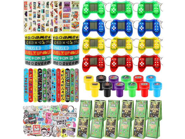 LiYiQ 122 Pcs Video Game Party Favors With Video Game Keychains Slap Bracelets Temporary Tattoos Silicone Wristband Gift Tags Stamps Stickers and...