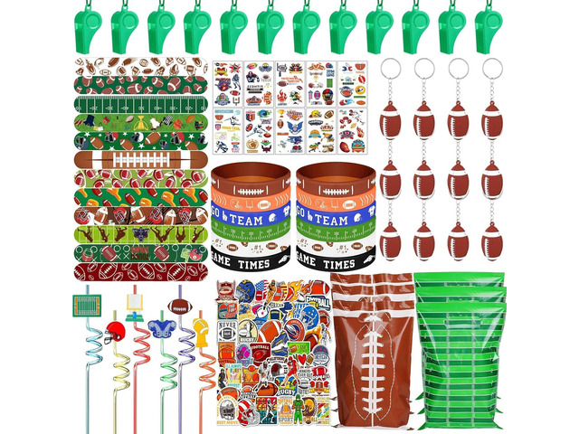 134 Pcs Football Party Favors Set 12 Silicone Bracelet 12 Whistles 12 Keychains 12 Slap Bracelet 12 Tattoo Stickers 12 Plastic Straws 12 Gift Bags...