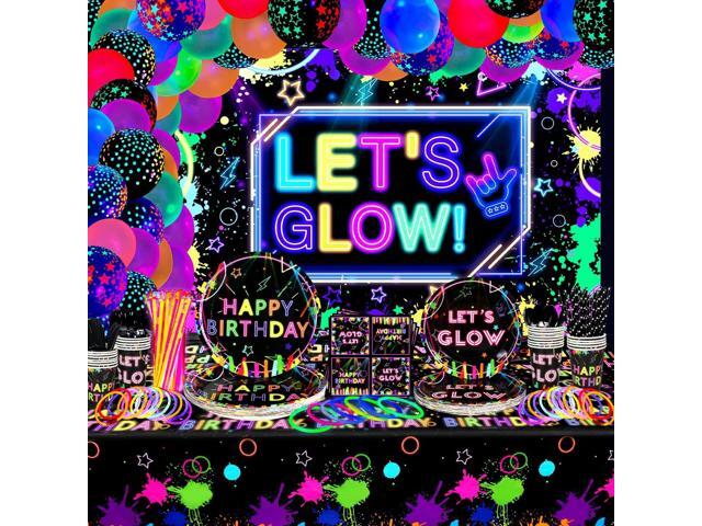 Glow Neon Party Supplies - Glow in the Dark Birthday Let's Glow Backdrop Banner, Plates, Glow Sticks, Tablecloths, Cups, Napkins, Neon Balloons,...