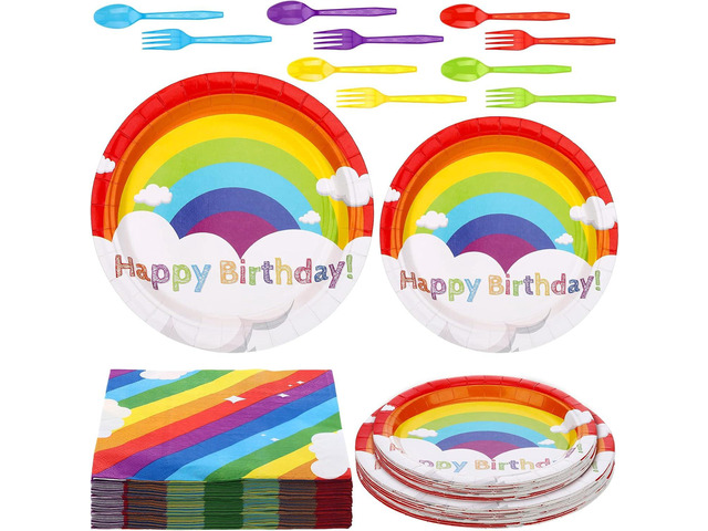 Jetec 240 Pcs Rainbow Birthday Party Supplies for 40 Guests, Colorful Disposable Tableware Set with Plates Napkins Cutlery, Easy Party Decorations...