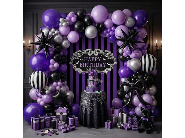 Purple Black Balloon Arch Garland Kit with Bow Star Mylar balloons and Gothic Birthday Backdrop Black white striped balloons for Gothic Girl TV...