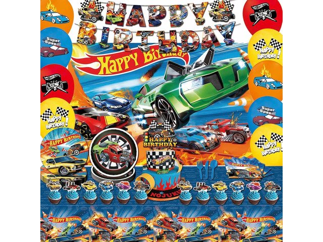 122 Pcs Hot Car Birthday Party Supplies,Included Banner,Backdrop,Tablecloth,Cake Topper,Cupcake Toppers,Balloon,Racing Car Tableware Set for Boy...