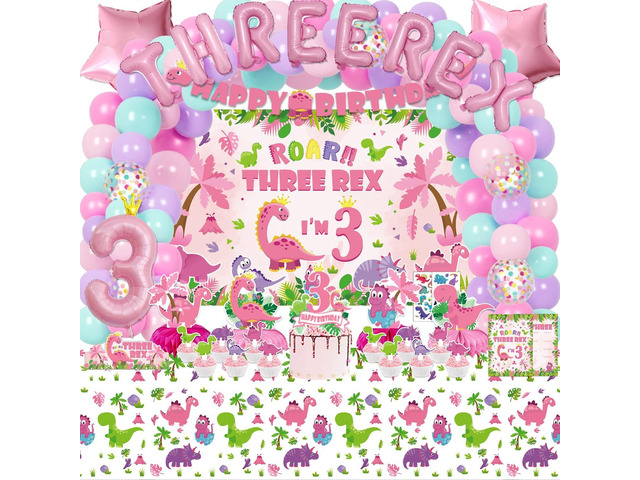 Pink Dinosaur Birthday Decorations for 3 Year Old Girls, 134 Pcs Three Dino Rex Girl Dinosaur Party Supplies for Girl - Backdrop, Toppers,...