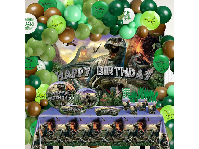 Dinosaur Birthday Decorations 280 PCS Dinosaur Birthday Backdrop Plates Napkins Tablecloth Balloons Jurassic Dino Party Supplies Serve 24