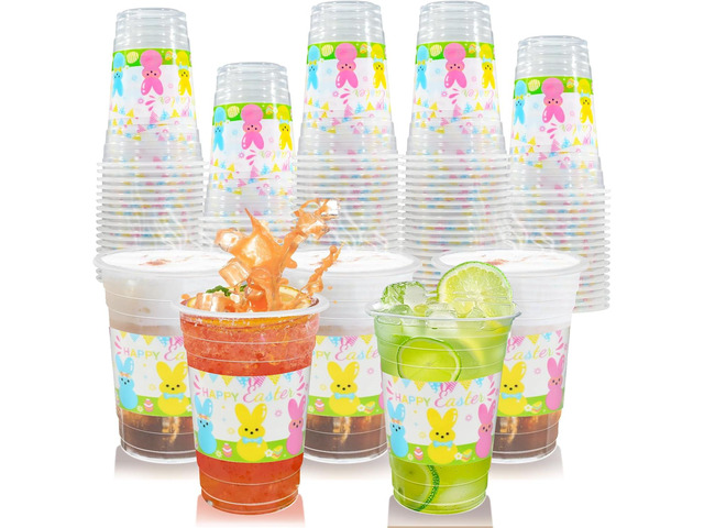 60 Pieces 16oz Easter Bunny Disposable Plastic Cups for Easter Party Supplies, Bunny Birthday Party Decorations