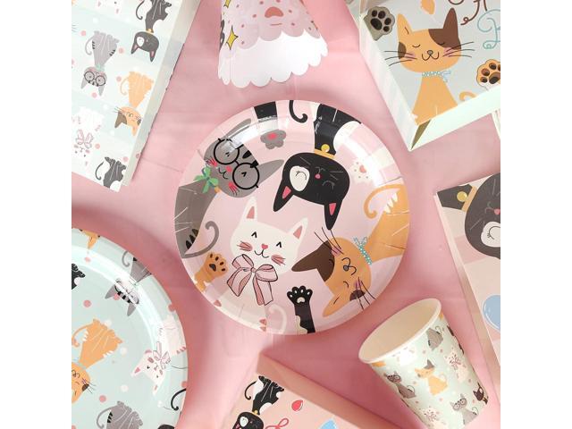 146Pcs Serves 16 Cat Theme Birthday Party Decorations Set,Kitten Disposable tableware,9in/7in Plates,Napkins,Cups,Knives,Forks,Spoons,Cupcake...