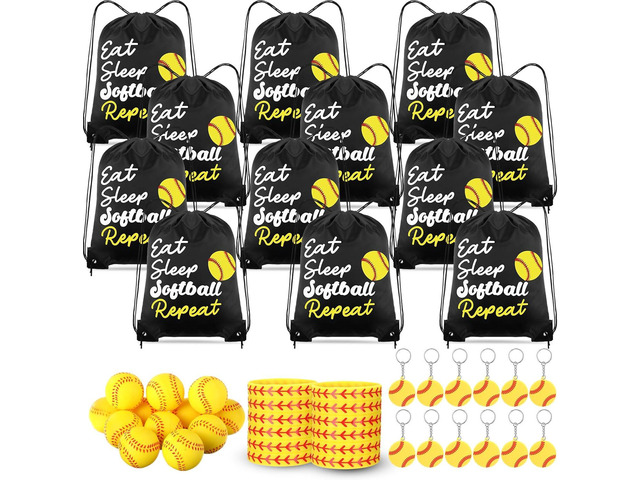 MiniInflat 48 Pcs Softball Team Gifts Bulk Softball Party Favors for Kids Include 12 Drawstring Bags, 12 Keychain, 12 Silicone Bracelets, 12 Mini...