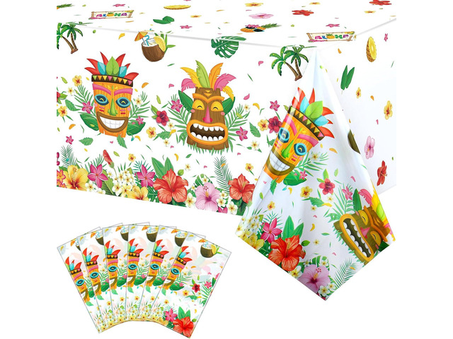 Breling 6 Pcs Tiki Party Tablecloths Decorations Hawaiian Luau Table Cloths Plastic Disposable Tropical Table Covers for Aloha Tiki Bar Tropical...
