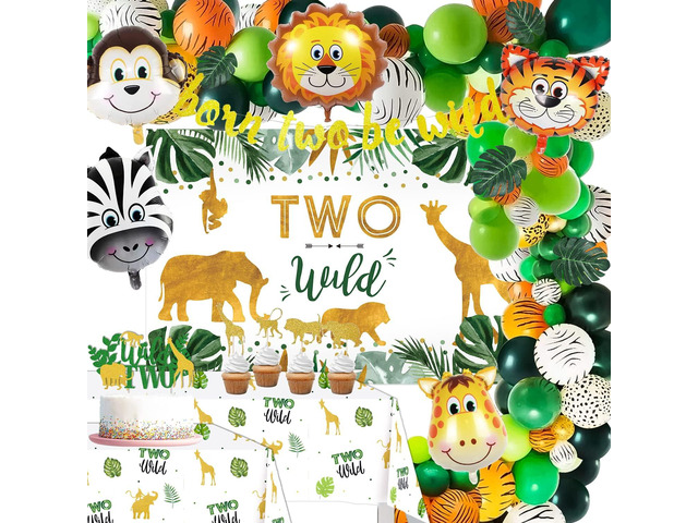 Two Wild Birthday Decorations - Safari Jungle Theme 2nd Birthday Party Supplies Includes Banner, Backdrop, Balloons Arch, Tablecloth, Topper, Two...
