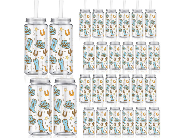 Qinyoung 24 Pcs Western Cowgirl Cowboy Plastic Tumbler 14.2 oz Cowgirl Party Favors Reusable Cups with Lids and Straws Decoration Iced Coffee Cup...