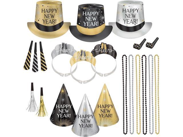 Amscan Party City New Years Eve Wearables and Noisemakers for 25 Guests, Party Supplies, Black, Gold and Silver, 75 Piece