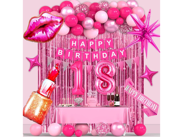 18th Pink Birthday Decorations, Hot Pink Party Supplies with Banner, Number Foil Balloon, Cake Topper, Fringe Curtain, Star Foil Balloons