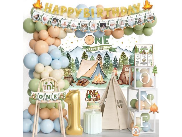 One Happy Camper Birthday Decorations 100 PCs Camping 1st Party Supplies Set with Backdrop, Balloon Garland, Banner, Box, Cake Topper, Crown,...