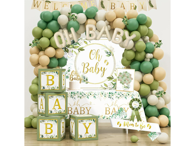 Sage Green Baby Shower Decorations, Gender Neutral Baby Shower Decorations, Greenery BabyShower Party Supplies, Oh Baby Backdrop Tablecloth Balloon...