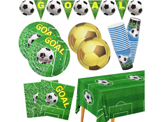 Soccer Ball Party Supplies SERVE 25 Soccer Birthday 9' and 7' Disposable Paper Plates Napkins Cups Waterproof Plastic Tablecloth Party Pack for...