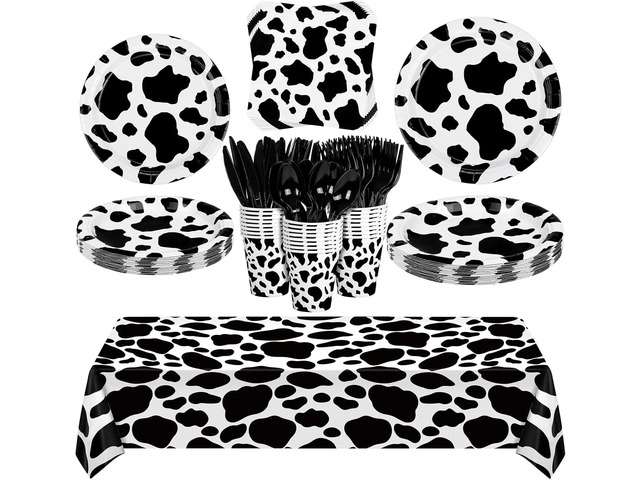 durony 169 Pieces Cow Print Party Tableware Serves 24 Include Party Plates Spoons Forks Knife Cups Napkins Cow Print Farm Animal Birthday Supplies...