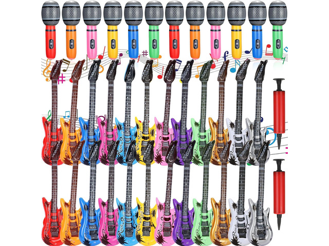 36 Pcs Colorful Inflatable Instruments Rock Star Toy Set Including 12 Pcs Plastic Microphones, 24 Inflatable Guitars and 2 Inflator for Musical...