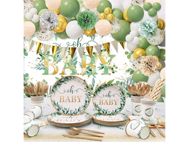 Sage Green Baby Shower Decoration for Girl Boy Kit,239 PCS YHFNDIYS Boho Greency Neutral Party Supplies (20 Guest) with Paper Plates Cups Napkins...