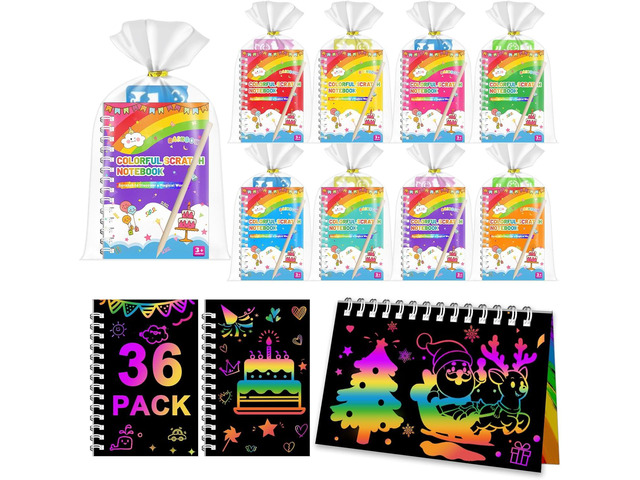 iooo Party Favors for Kids: 36 Pack Scratch Art Notebooks with Rainbow Colors, 2-in-1 Coloring & Scratch Books, Bulk Birthday Gifts, Goodie Bags,...