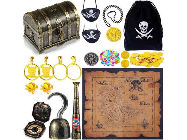 Sratte 116 Pcs Pirate Treasure Toys, Treasure Box with Coins Jewels Gems and Map Compass Telescope for Boy Girl Christmas Gifts Halloween Cosplay...