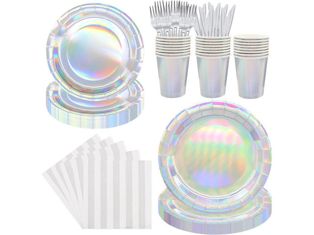 144pcs Iridescent Party Supplies Iridescent Party Tableware Set Serve 24 Guests Includes Holographic Paper Plates Cups Napkins Forks for Baby...