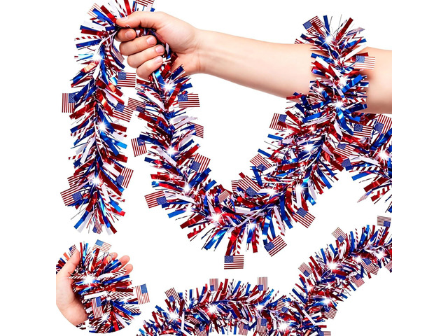 50FT Red White and Blue Garland with Flags- Glitter Patriotic Tinsel for 4th of July Decorations - Patriotic Party Supplies for Yard Stairs Golf...