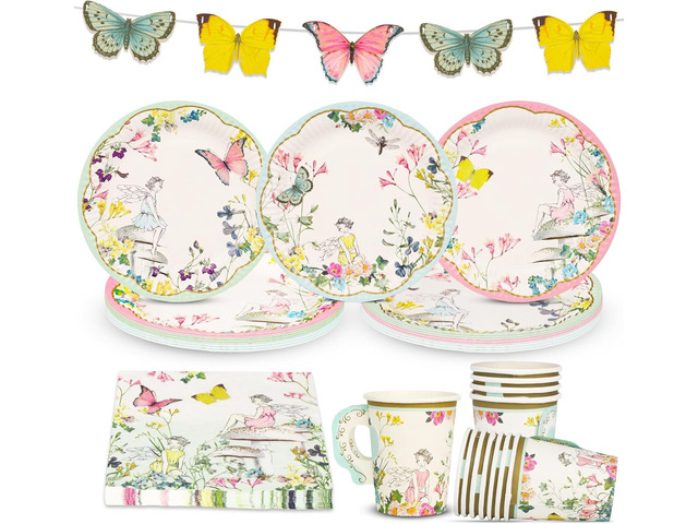 Talking Tables 50pcs Fairy Party Paper Plates, Cups, Napkins & Butterfly Bunting Tea Party Decorations Wildflower Disposable Party Set for 16...