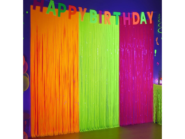 Mega-L Glow in The Dark Party Supplies, 3 Pack Neon Party Decorations 9.9 x 6.6 ft Fluorescent Tinsel Foil Fringe Curtains, Neon Backdrop Streamer...