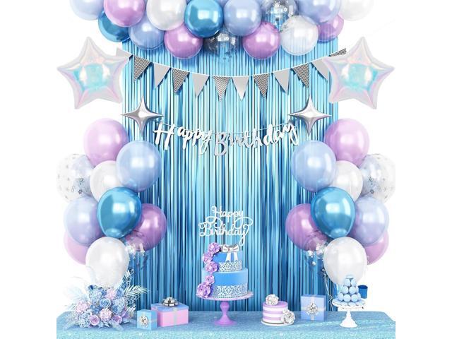 Snow Birthday Decorations for Girl, Blue Purple White Balloons with Happy Birthday Banner Fringe Curtain Iridescent and Silver Star Foil Balloons...