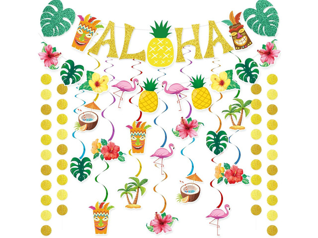 Pre-Strung Hawaiian Aloha Party Banner Decorations, Large Flamingo Tiki Tropical Party Decorations for Luau Birthday Summer Beach Party Supplies