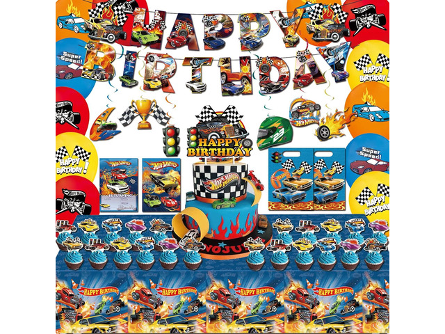 77 Pcs Hot Car Birthday Party Supplies,Included Banner,Hanging Swirls,Tablecloth,Cake Topper,Cupcake Toppers,Gift Bag, Invitation Card,Balloon for...
