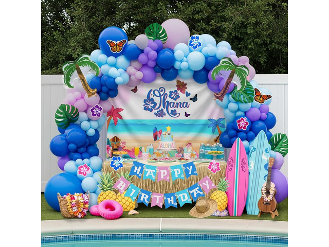 Blue pink purple Balloon Hawaii Garland Kit with Ohana theme backdrop and birthday banner plam tree mylar balloons for Summer aloha cartoon...