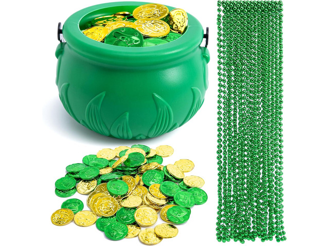JOYIN 119 Pcs St. Patricks Party Supplies Set, 18 Bead Necklaces, 100 Plastic Coins and 1 Cauldron, St Patricks Day Party Favor Supply (Green...