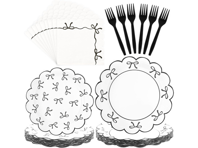 CANREVEL 96 PCS Black Bow Party Plates Serve 24, Bow Plates and Napkins Forks Set, Disposable Tableware for Bow Birthday Supplies Black Party...