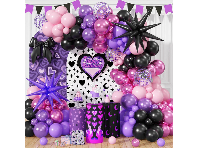 Pink and Purple Balloon Garland Arch Kit, Black Purple Pink Metallic Confetti Latex Party Balloons with Explosion Star Foil Balloon for Girls...