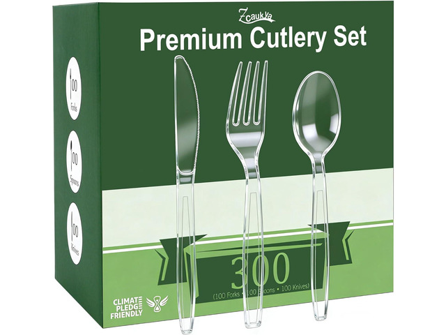 Zcaukya 300 Count Clear Plastic Silverware Set, 100 Forks, 100 Spoons, 100 Knives, Heavy Duty Disposable Cutlery Set Utensils Bulk for Parties,...