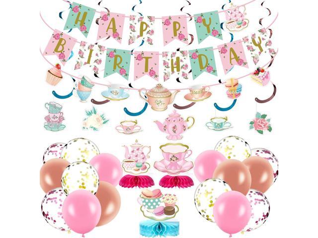 Panelee 33 Pcs Tea Party Birthday Decorations with Floral Happy Birthday Banner,Teapot Banners, Teapot Honeycomb Centerpieces,Hanging...