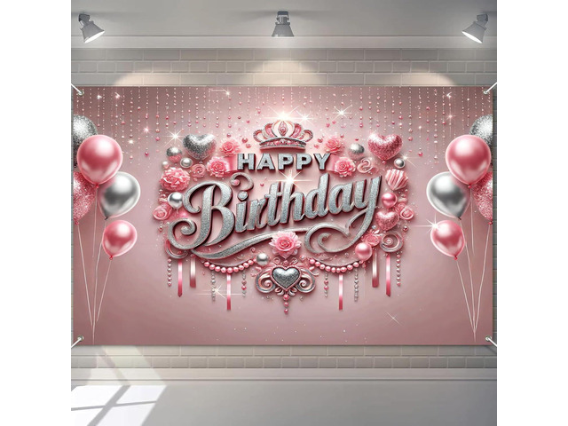 HOMETITUTE Happy Birthday Backdrop Banner Sign Elegant Pink And Silver Happy Birthday Backdrop With Crown And Balloons 84x60 Inch Decorative Party...