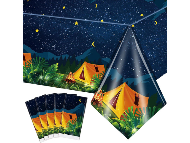 Chinco 5 Pieces Camping Tablecloth Party Decorations Campfire Plastic Rectangular Table Cover Camp Birthday Party Supplies Picnic Hiking Adventure...