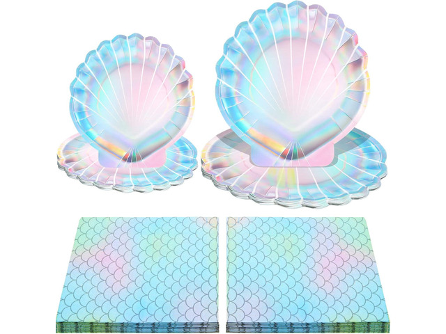 Cunhill 96 Pcs Mermaid Plates and Napkins for 24 Guests, 7 Inch 9 Inch Seashell Plates Iridescent Mermaid Party Supplies for Birthday Ocean Under...