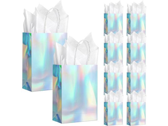 24 Pcs Iridescent Gift Bags Decorations, Holographic Foil Party Favor Bags with Handles, Glitter Paper Candy Goodie Bag with 24 Tissue Paper for...