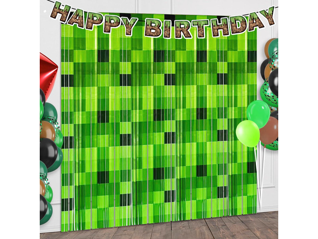 2 Pack Green Foil Fringe Curtains Pixel Birthday Backdrop, 3.2x6.6ft Video Game Door Streamers for Boys Gaming Birthday Party Decorations Supplies...