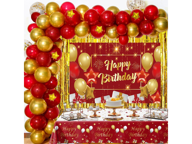 Red and Gold Birthday Decorations for Women Men, 72 Pcs Happy Birthday Banner Backdrop For Boys Girls Red Balloons Arch Kit Tablecloth Confetti...