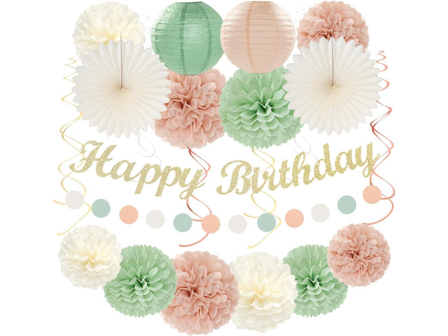 Sage-Green Pink First Happy Birthday Party-Decorations - 22pcs 18th Women Girls Paper Lanterns Streamers Banner Pom Poms,Spring Boho Aesthetic...