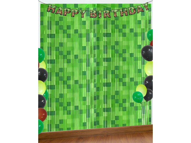 Calmi 5 Pack Green Foil Fringe Curtains Pixel Birthday Backdrop, 3.3x6.6ft Video Game Door Streamers for Boys Gaming Birthday Party Decorations...