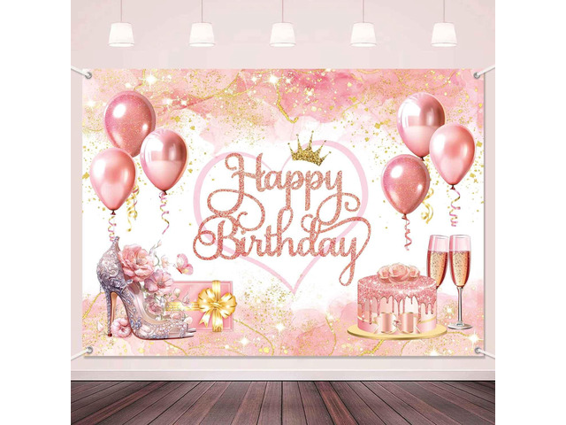 7x5ft Rose Gold Happy Birthday Banner Backdrop for Women Pink Gold Balloons High Heels Photography Background Fabric Birthday Party Decorations...
