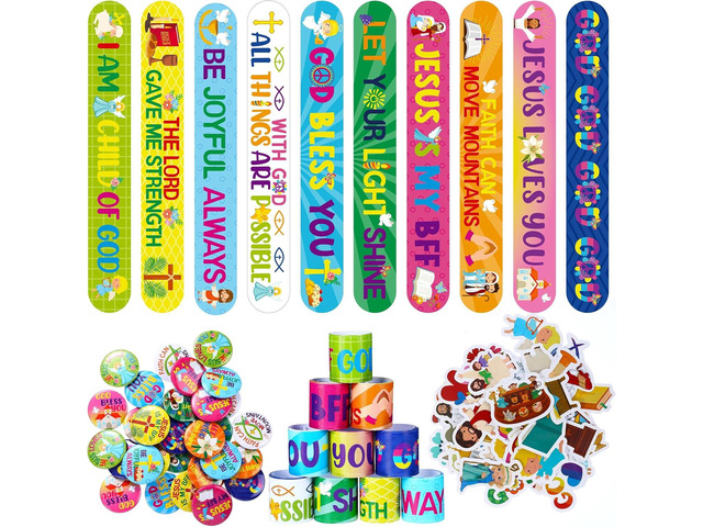 Frienda 110 Pcs Christian Gifts Bulk Included Religious Slap Bracelets Bible Verse Stickers Jesus Loves You Button Pins Inspirational Prizes for...