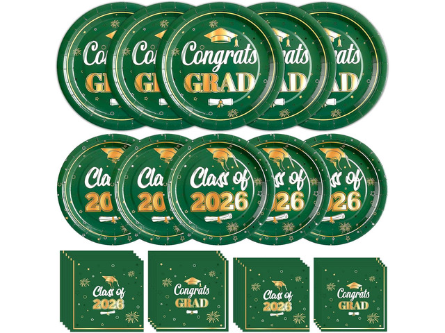 Green Graduation Plates and Napkins 2026 Paper Plates Party Supplies for Green and Gold Graduation Decorations 2026, Serves 50